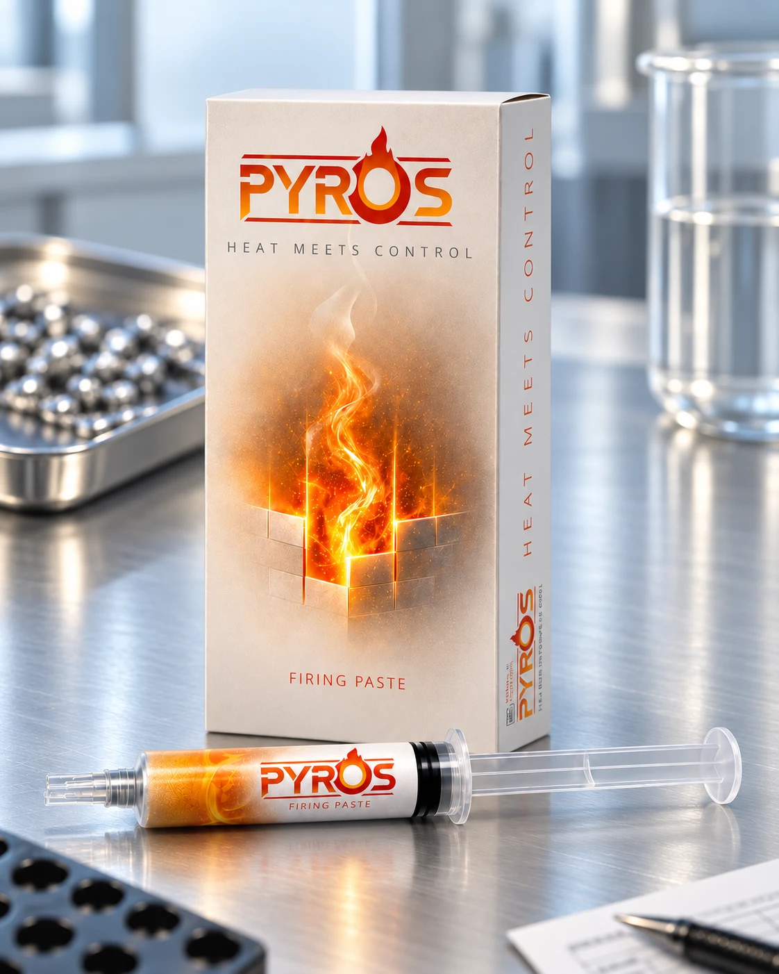 Pyros, refractory paste for firing ceramics: package and syringe in a dental laboratory
